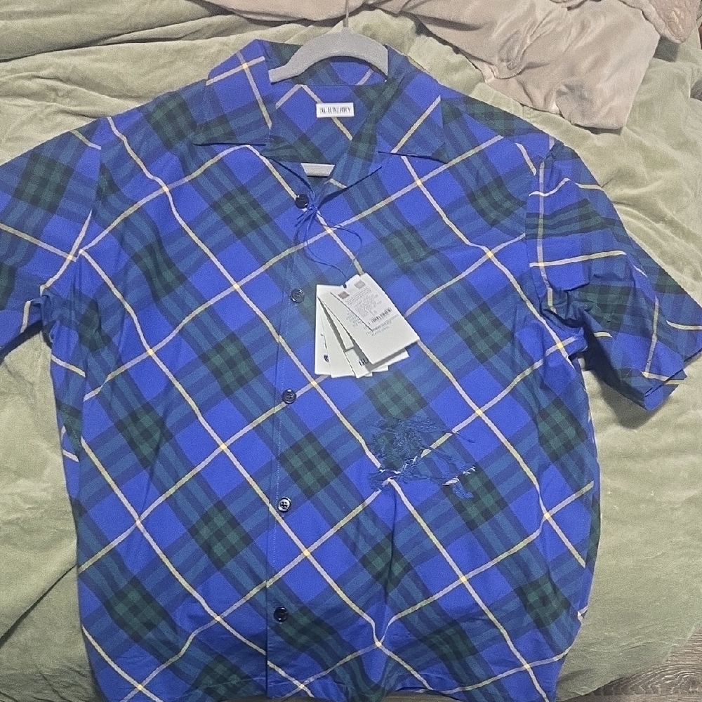 Burberry Blue and Green Plaid Short-Sleeve Button-Down Shirt